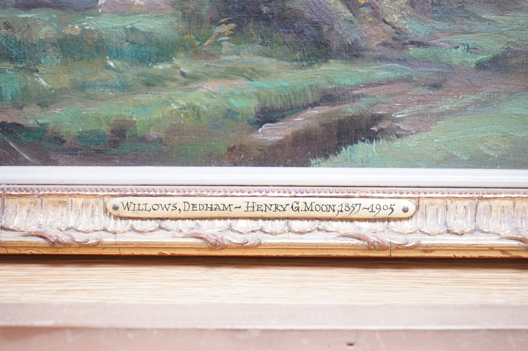 Henry G. Moon (1857-1905), oil on board, ‘Willows, Dedham’, signed in ink verso, applied plaque to the ornate gilt frame, 24 x 34cm. Condition - good